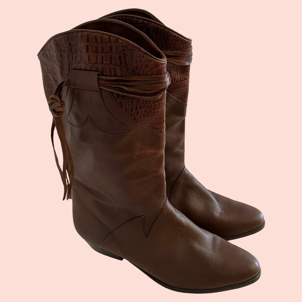 Salamander Brown Leather Western Style Boots with Fringe Detail 6.5 NEW